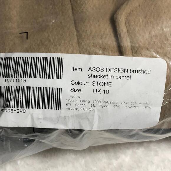 ASOS DESIGN Brushed Shacket Women's 6 Camel Beige Long Sleeve Button Closure - Picture 8 of 9